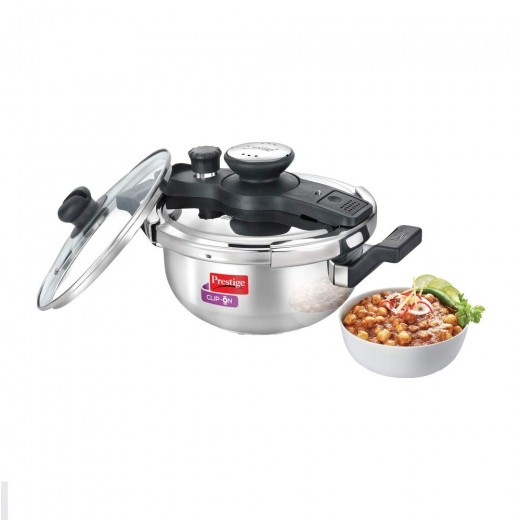 Prestige Clip On Stainless Steel Kadai Pressure Cooker with Glass Lid, Metallic Silver, 3.5 L
